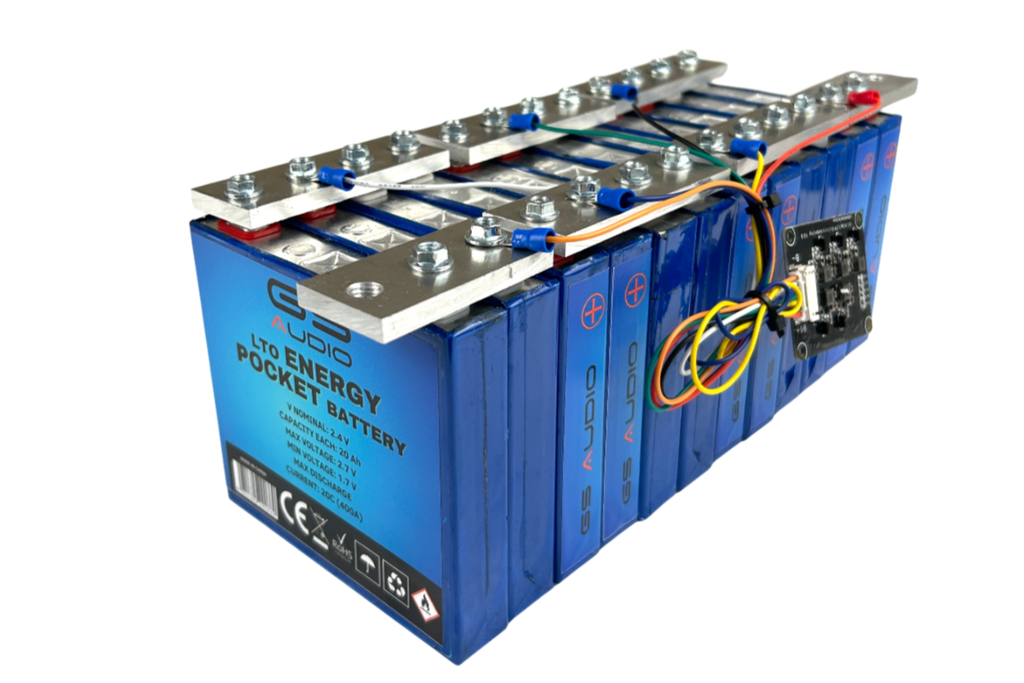 BATTERIE 40A - GS AUDIO 12 x 27 H11cm - 12 CELLULES LTO - 14,4 V + BMS ET BARRES
